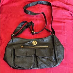 Black Faux Leather Crossbody Bag with Gold Accent